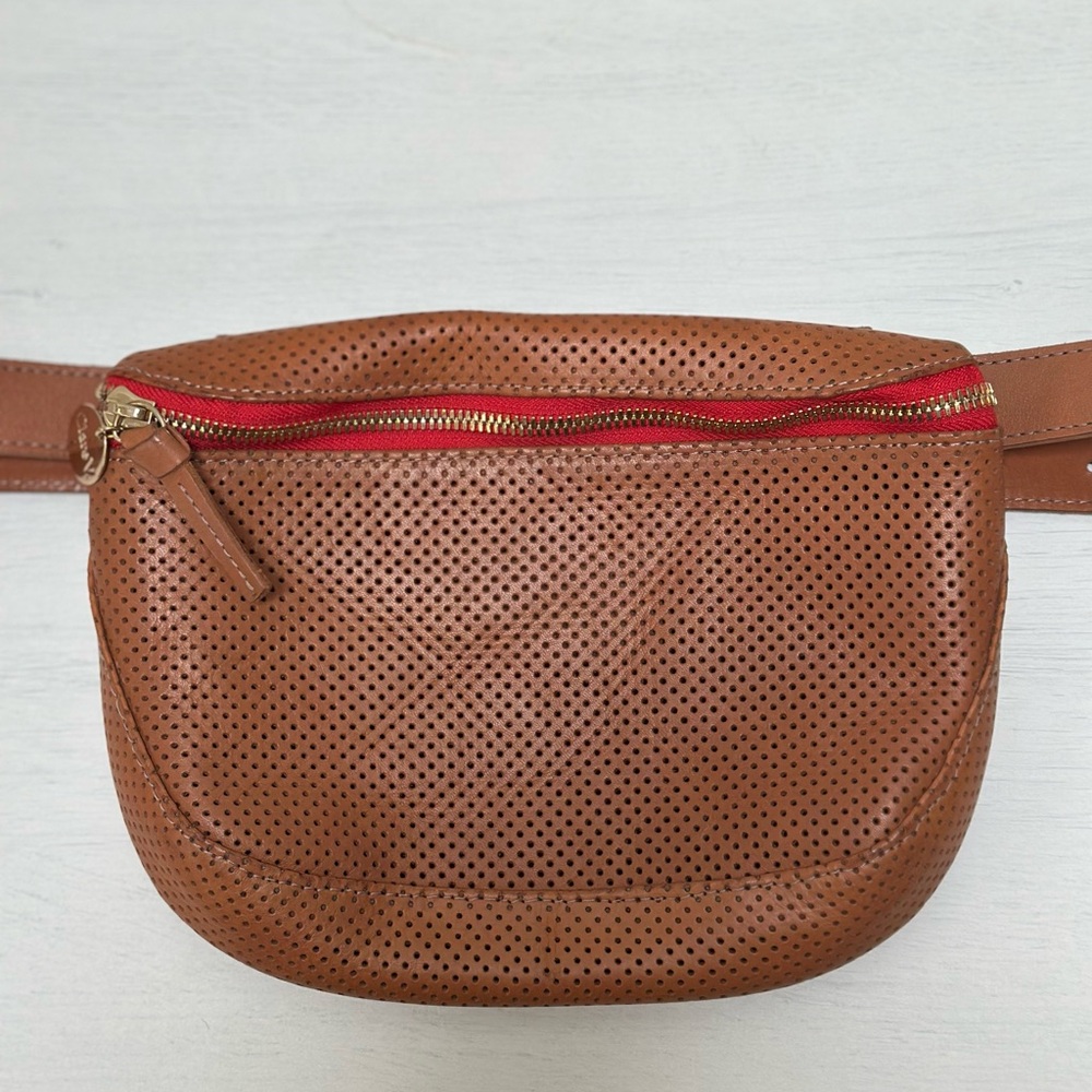 Clare V Brown Perforated Belt Bag with Red Accent - Fanny Pack